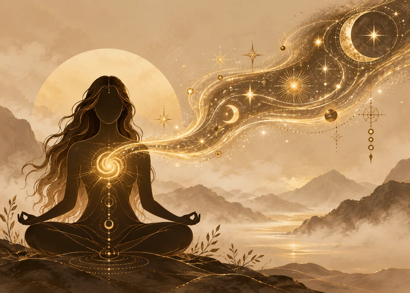 Silhueta em meditação com espiral de luz dourada