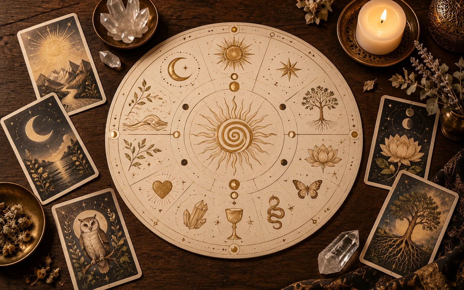 Mesa terapêutica circular com espiral dourada, cartas, quartzo e vela